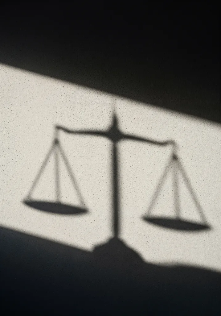 Cień wagi sprawiedliwości na jasnej ścianie (zdjęcie ogólne)