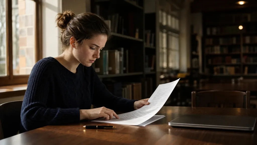Studentka czyta umowę z uczelnią w bibliotece